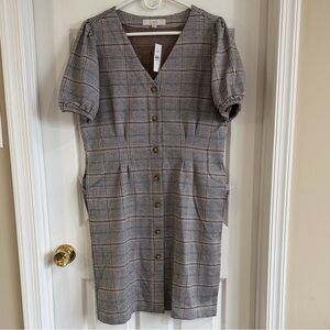 NWT LOFT Plaid Button-Front Midi Dress in Gray and Black